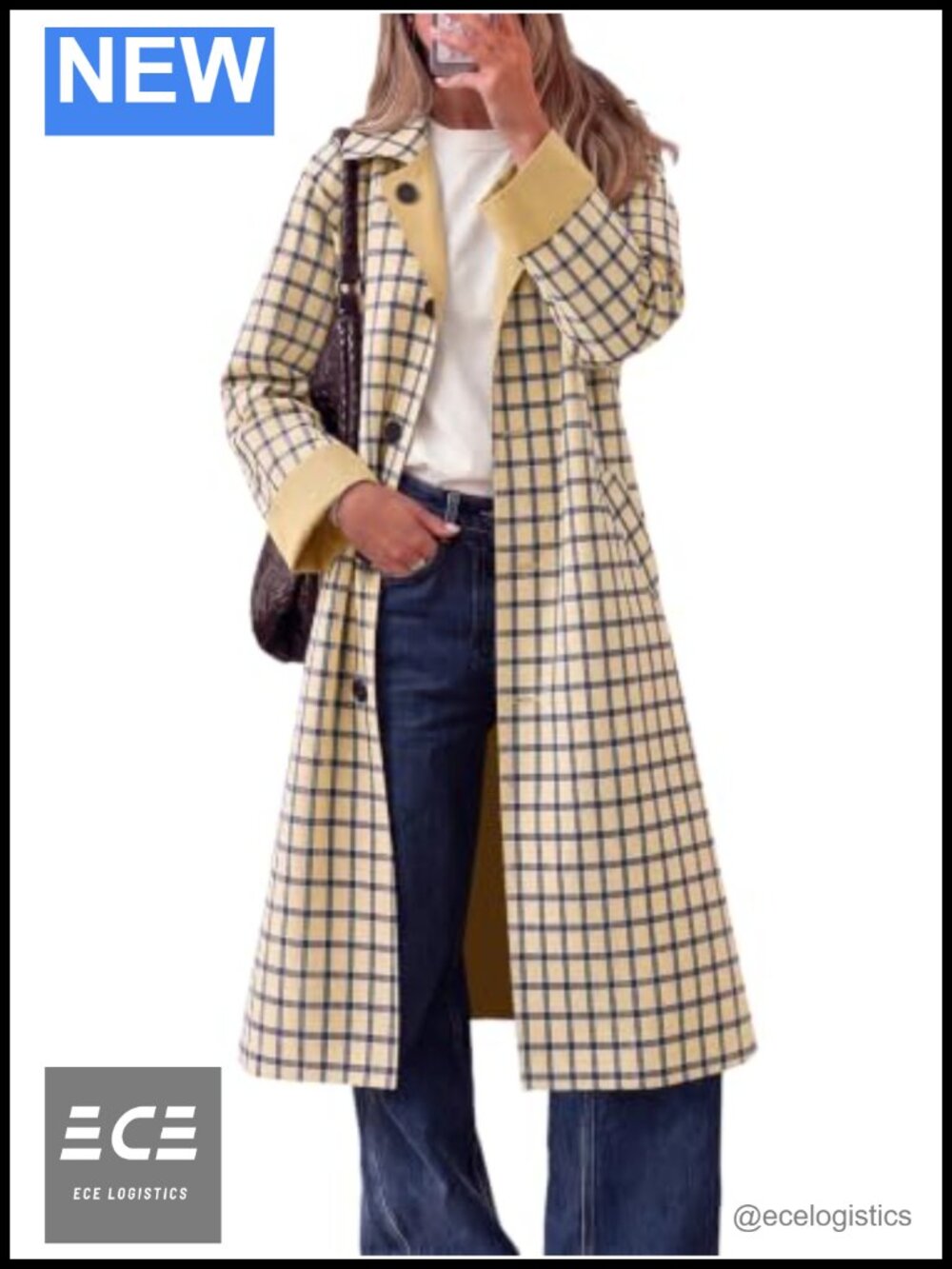Womens Reversible Long Trench Coat Windproof Plaid Overcoat
